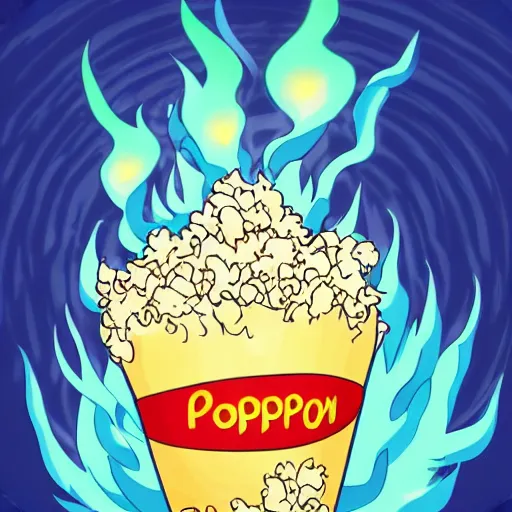 Prompt: fluffy popcorn elemental spirit anime character with a smiling face and flames for hair, sitting on a lotus flower, clean composition, symmetrical