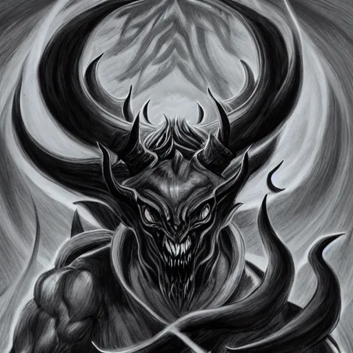 Image similar to full body grayscale drawing by Anato Finnstark of horned demon in heroic pose, swirling flames