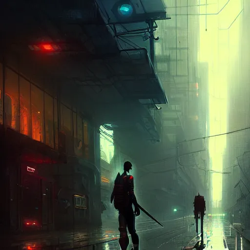 Prompt: an exhausted warrior wandering through a lost cyberpunk city from left to right, rainy day, radiant light, digital painting, art station, cell shaded, by les edwards, by greg rutkowski