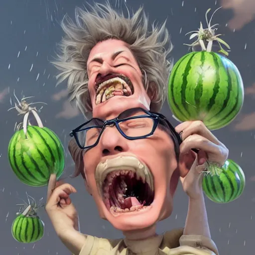 Image similar to a mad scientist in his back yard laughing happily at the watermelons which are falling from the sky , made by Stanley Artgerm Lau, WLOP, Rossdraws, ArtStation, CGSociety, concept art, cgsociety, octane render, trending on artstation, artstationHD, artstationHQ, unreal engine, 4k, 8k,