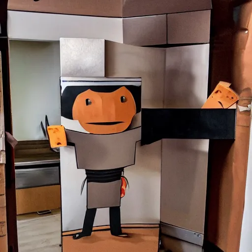 Image similar to cardboard boxman with cardboard armor, wielding a cardboard sword inside a kitchen, cabinets, stove