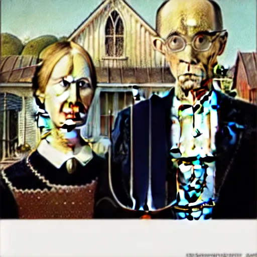 Prompt: on a wall there are dozens of the 'american gothic' paintings in styles of different famous painters