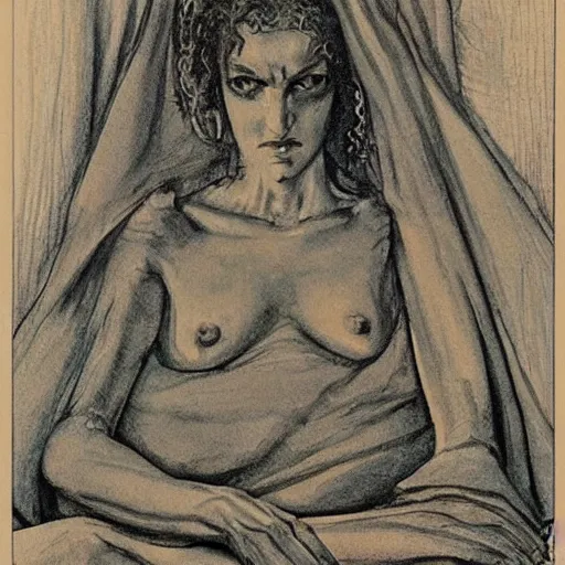 Image similar to A beautiful print. Her cell is as bare as mine. She is sitting in the middle, hugging her knees, wrapped in a toga-like garment. by Austin Osman Spare natural