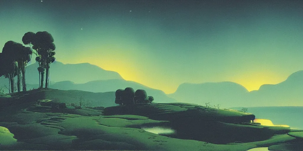 Image similar to a night landscape background, rob gonsavles, eyvind earle, heade martin johnson