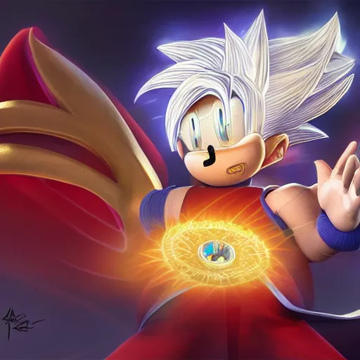 Prompt: Sonic Jesus christ transforming in super Saiyan holding the a shiny Sacred Ring, by Stanley Artgerm Lau, WLOP, Rossdraws, James Jean, Andrei Riabovitchev, Marc Simonetti, Yoshitaka Amano, ArtStation, CGSociety,