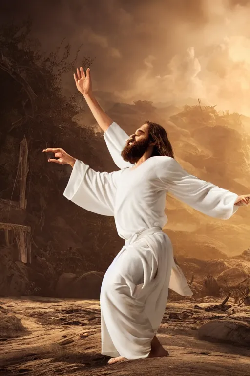 Image similar to jesus christ wearing a white robe strikes a dance pose in the apocalypse, intricate, hyper detailed, accent lighting, dramatic light, 4 k octane render