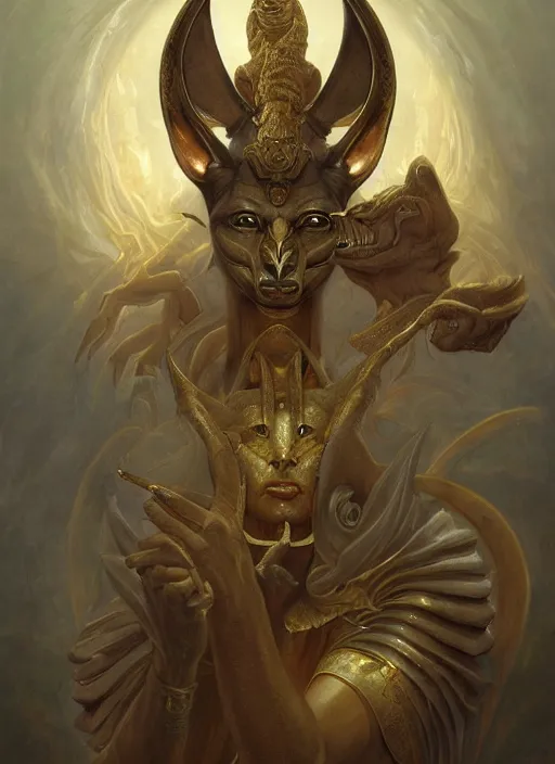 Image similar to anubis, gold, shamanic poste, elegant, highly detailed, centered, digital painting, artstation, concept art, smooth, sharp focus, illustration, artgerm, tomasz alen kopera, peter mohrbacher, donato giancola, joseph christian leyendecker, wlop, frank frazetta