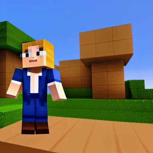 Image similar to Donald Trump minecraft skin. 4k HD screenshot, bokeh, Ray tracing