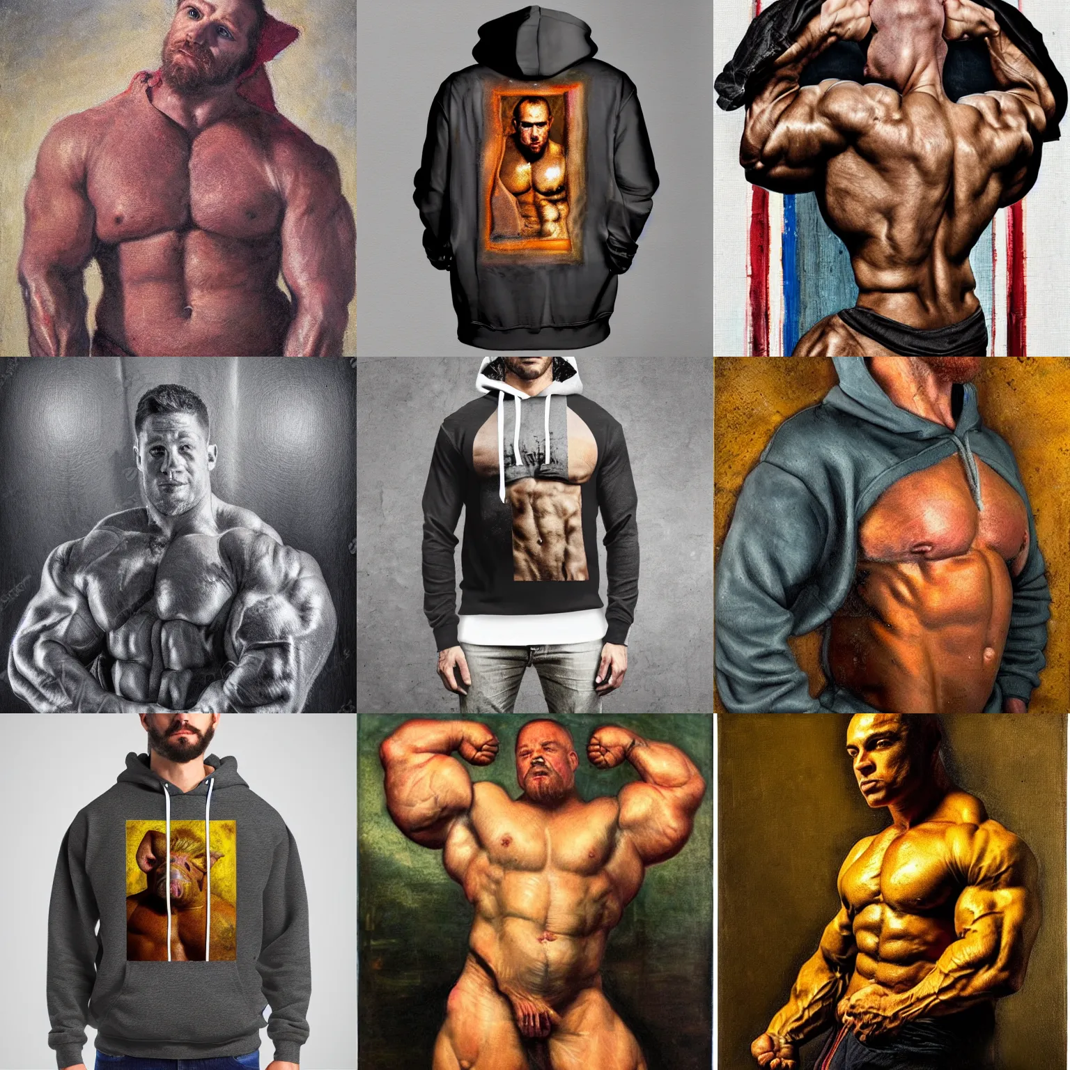 Prompt: muscular pig is a bodybuilder is wearing a hoodie , heavy texture natural rembrandt oil painting , aggressive pose