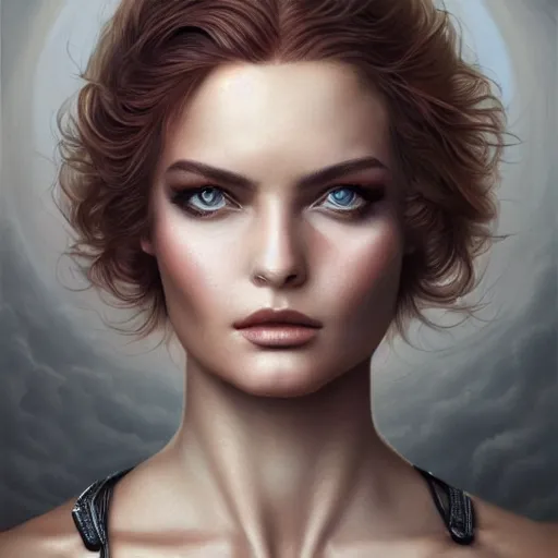 Image similar to tom bagshaw portrait, very beautiful erika eleniak in a full dress and long thin lustrous auburn hair, professionally retouched, focus eyes, ultra realistic soft painting, insanely detailed linework, symmetrical accurate intricate features, behance, 8 k