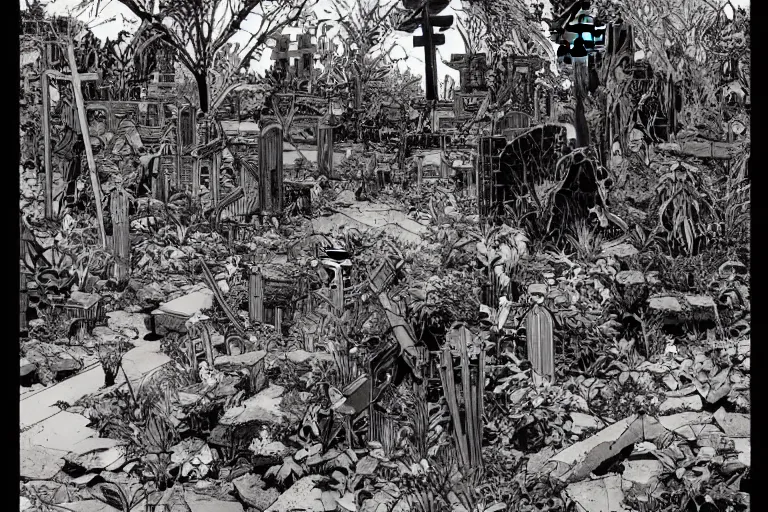 Image similar to abandoned overgrown graveyard, large crosses, spiny thorned giant plants, very coherent, intricate design, painting by Laurie Greasley, part by Yoji Shinkawa, part by Norman Rockwell