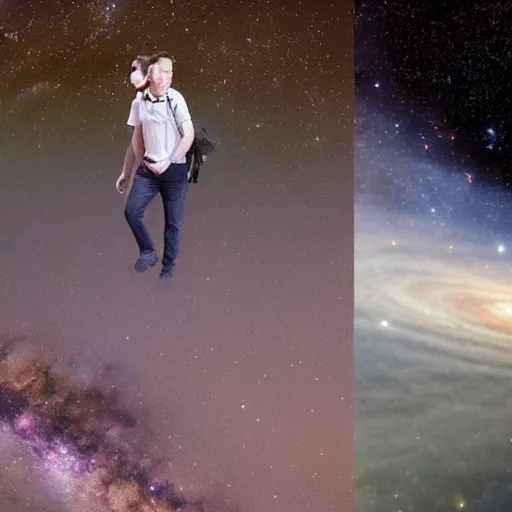 Image similar to elon musk and donald tusk hiking on milky way nebula