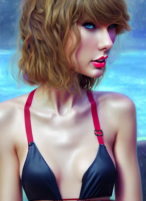 Image similar to 3 / 4 view of a portrait of taylor swift wears compact alluring bikini, evangelion, au naturel, hyper detailed, digital art, trending in artbreeder, cinematic lighting, studio quality, frostbite 3 engine rendered, art style by klimt and nixeu and ian sprigger and wlop and krenz cushart