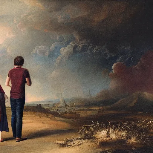 Image similar to a young couple watching the unfolding apocalypse, romantic