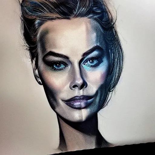 Prompt: face morph tattoo design sketch of margot robbie blended in beautiful mountain scenery, in the style of arlo dicristina, amazing detail