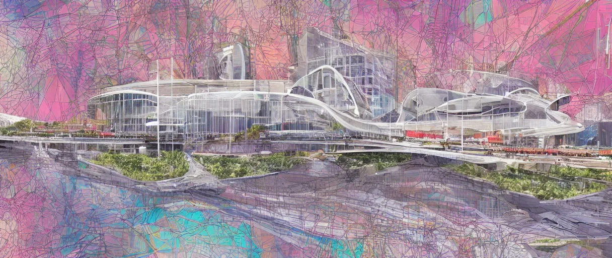 Prompt: a modern futuristic building along a river, seen from the long distance. people walking on a bridge. highly focused mixed media collage, baroque embroidery rich fabric textures. childrenbook illustration in vibrant pastel tones. matte background. HD 8x