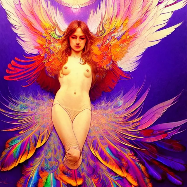 Image similar to psychedelic transcendent feather mind bending psychedelic wings of glossy liquid honey flowing like kaleidoscopic translucent holograph, lsd feathers, feathery fluff, enlightenment, high contrast dappled lighting, refracted sunset, highly detailed, concept art, art by collier, albert aublet, krenz cushart, artem demura, alphonse mucha