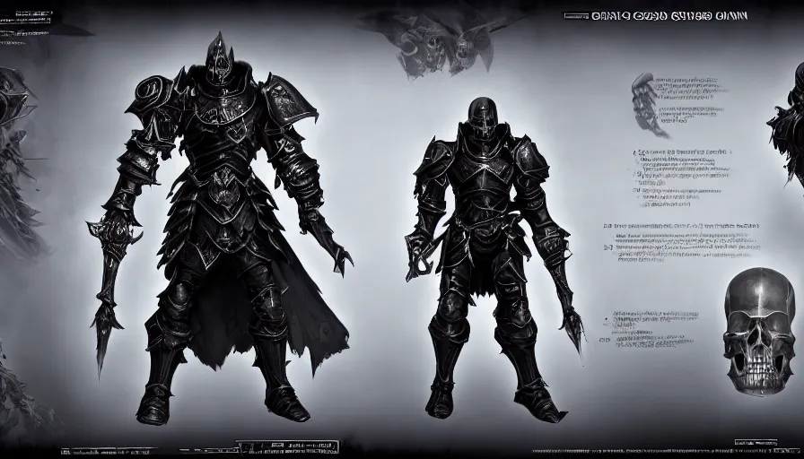 Image similar to a digital art portrait of grim dark cursed black paladin knight with human skulls in style of dark souls, the dark lord worrier power armour character design, character sheet, 4 k, ultra detail, volumetric lighting, unreal engine, octane render