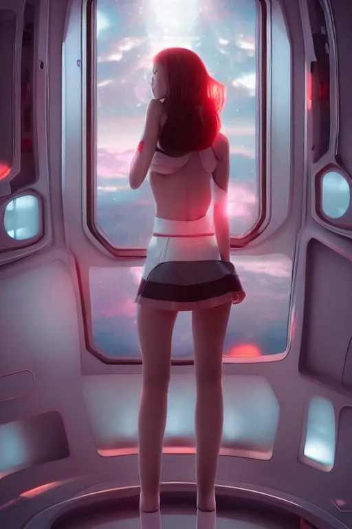 Prompt: girl in a spaceship, detailed miniskirt, beautiful model girl, cimematic shot, futuristic spaceship window, by artgerm, by wlop, octane render, vector art, 4 k