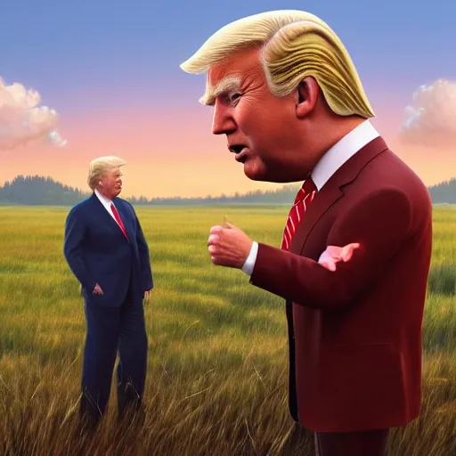 Prompt: A highly detailed photorealistic full portrait of Joe Biden and Donald Trump frolicking in the field by Simon Stalenhag and Thomas Kinkaid, Octane render, trending on cgsociety, HDR, 8K I cant believe how accurate this is