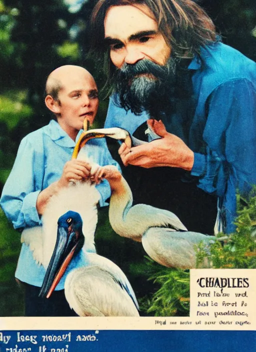 Prompt: vintage pharamaceutical magazine advertisement depicting charles manson feeding pelicans to children