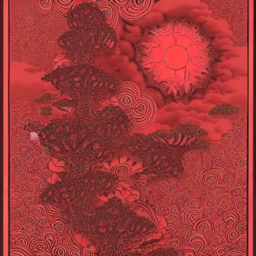 Prompt: dark red paper with intricate designs,tarot card ,a mandelbulb fractal southeast asian buddha statue,full of golden layers, flowers, cloud, vines, mushrooms, swirles, curves, wave,by Hokusai and Mike Mignola, trending on artstation,elaborate dark red ink illustration,