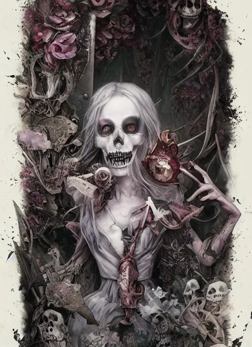 Image similar to Alice in Wonderland, White Rabbit, Death Tarot card,highly detailed,half skull face,cinematic,8k,by Stanley Artgermm,Tom Bagshaw,Greg Rutkowski,Carne Griffiths, Ayami Kojima, Beksinski, Giger,trending on DeviantArt,hyper detailed,horror, full of colour