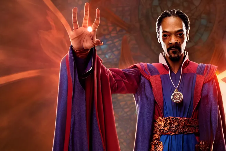 Image similar to film still of snoop dogg as doctor strange in doctor strange film, 4 k