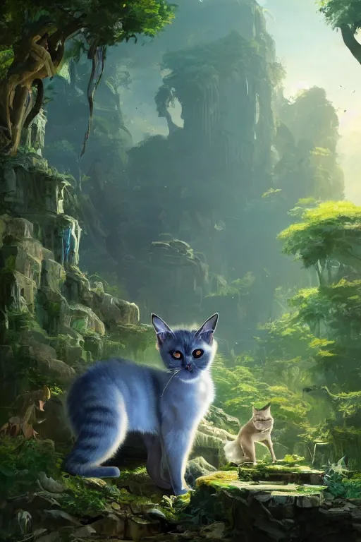 Prompt: highly detailed painting of a siamese cat with bright blue eyes, cinematic lighting, dramatic atmosphere, by Dustin Nguyen, Akihiko Yoshida, Greg Tocchini, Greg Rutkowski, Cliff Chiang, 4k resolution, luminous verdant jungle ruins background
