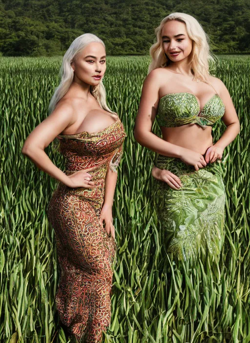 Image similar to portrait of lindsey pelas wearing green kebaya and emilia clarke wearing batik tube top in a paddy field, by charlotte grimm, natural light, detailed face, canon eos c 3 0 0, ƒ 1. 8, 3 5 mm, 8 k, medium - format print, half body shot