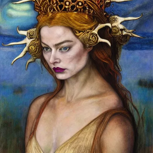 Image similar to weeping Margot Robbie wearing the bone crown, by Annie Swynnerton and Diego Rivera and Evelyn De Morgan, symbolist, dramatic lighting, elaborate geometric ornament, Art Brut ,god rays, soft cool colors,smooth, sharp focus, extremely detailed, Adolf Wölfli