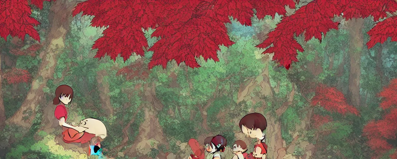 Image similar to an endless canopy of red leaves, illustrated style in the style of studio Ghibli, My neighbor totoro, day