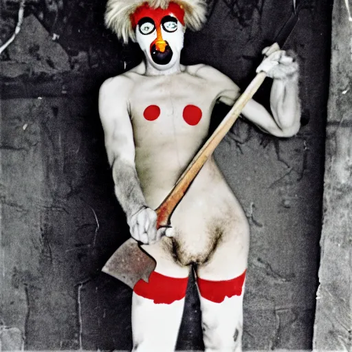 Prompt: a beige clown holding a machete, 3 5 mm film