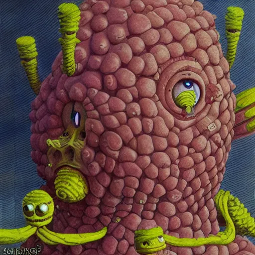 Image similar to painting of alien sponge creature that looks like spongebob, in the style of wayne barlowe