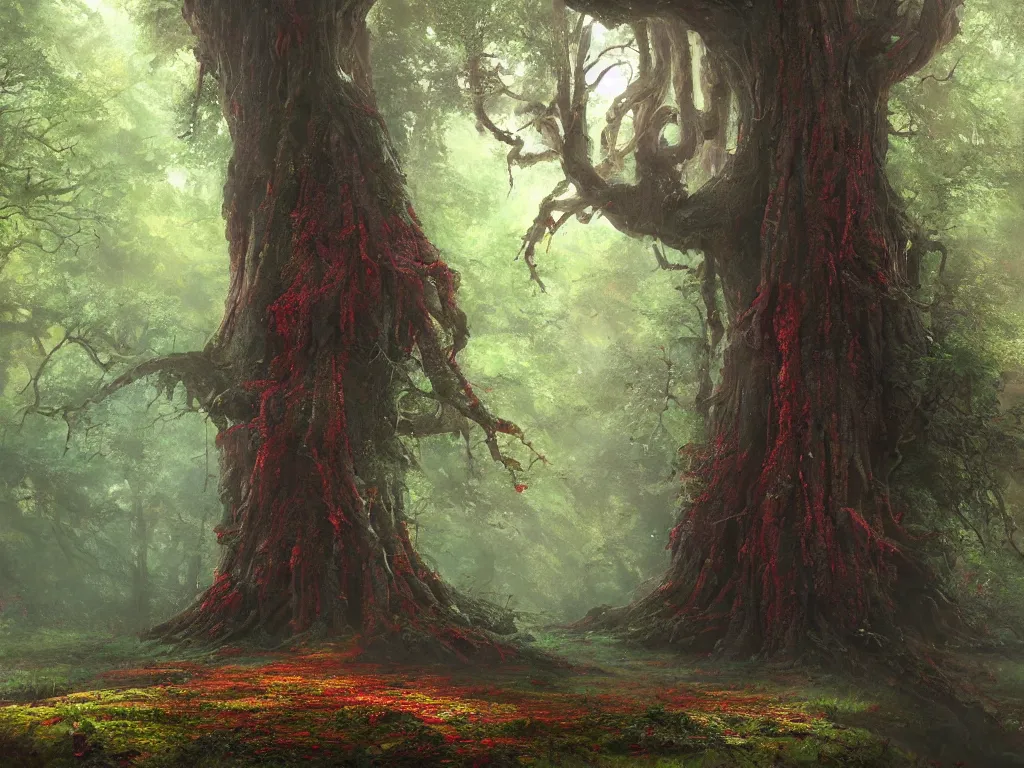 Prompt: rich deep colors, a tree as big as a man ’ s embrace springs from a tiny sprout, highly detailed digital art by greg rutkowski, thomas kinkade, ted nasmith, trending on artstation, cgsociety