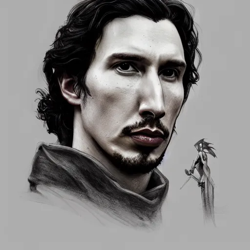 Image similar to portrait of stoic king adam driver with his queen john oliver, full body, military uniform, fantasy, intricate, elegant, beautiful, highly detailed, charcoal, centered, dark, smokey, digital painting, artstation, concept art, smooth, sharp focus, illustration, art by artgerm and greg rutkowski and alphonse mucha