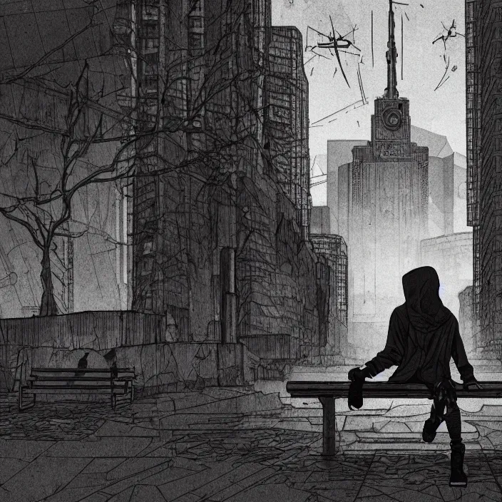 Image similar to storyboard : sadie sink in hoodie sitting on a bench in ruined square, pedestrians walk by, soviet monument and propaganda posters. scifi cyberpunk. by gabriel hardman. cinematic atmosphere, detailed and intricate, perfect anatomy