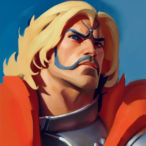 Image similar to greg manchess portrait painting of prince adam of eternia as overwatch character, medium shot, asymmetrical, profile picture, organic painting, sunny day, matte painting, bold shapes, hard edges, street art, trending on artstation, by huang guangjian and gil elvgren and sachin teng