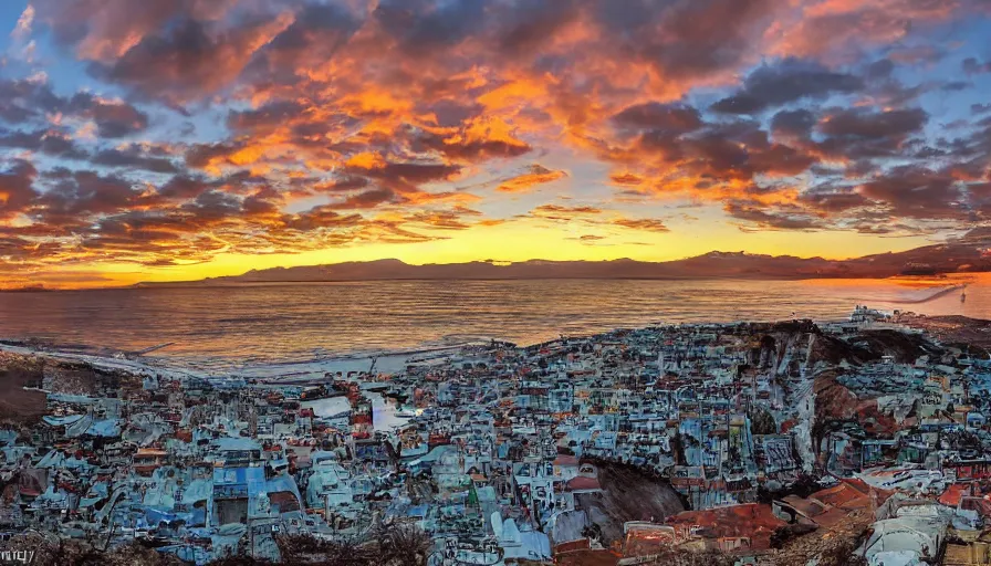 Image similar to valparaiso of chile, unreal engine, digital art, sunset, sharp focus, beach, vivid color