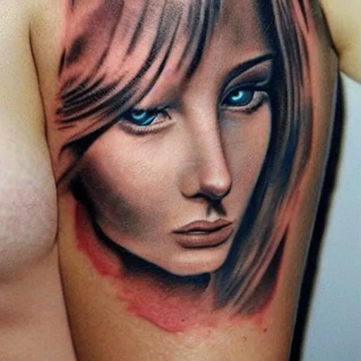 Image similar to realistic tattoo idea of a beautiful woman face blended with a mountain scenery