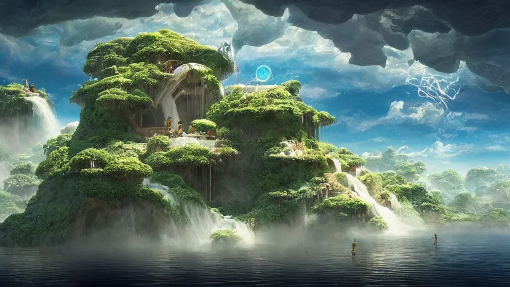 Image similar to floating islands with waterfalls connecting each other whimsical surrealism, based on child's drawing, lsd trip, dream recording, deep - space imaging fantastical setting isometric view octane render, art by salvador dali, greg rutkowski studio ghibli