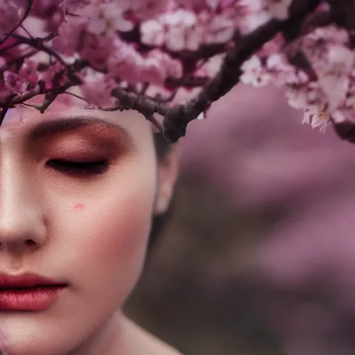 Image similar to double exposure photo of a face of a woman and cherry blossoms, award-winning photograph, 8k UHD