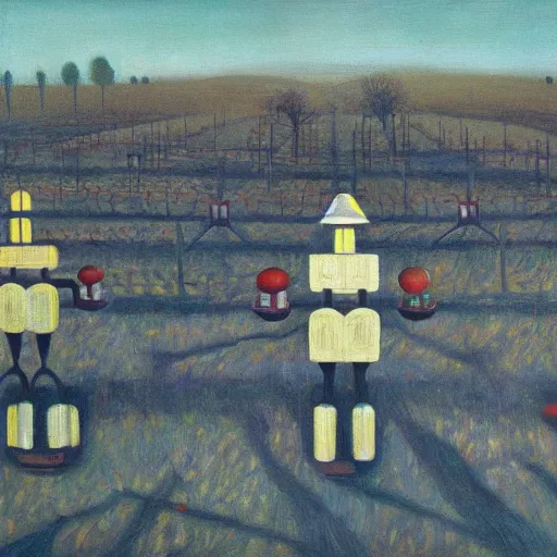 Prompt: an orchard for growing robots, grant wood, pj crook, edward hopper, oil on canvas