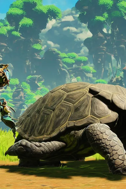 Prompt: in game footage of a giant tortoise from the legend of zelda breath of the wild, breath of the wild art style.