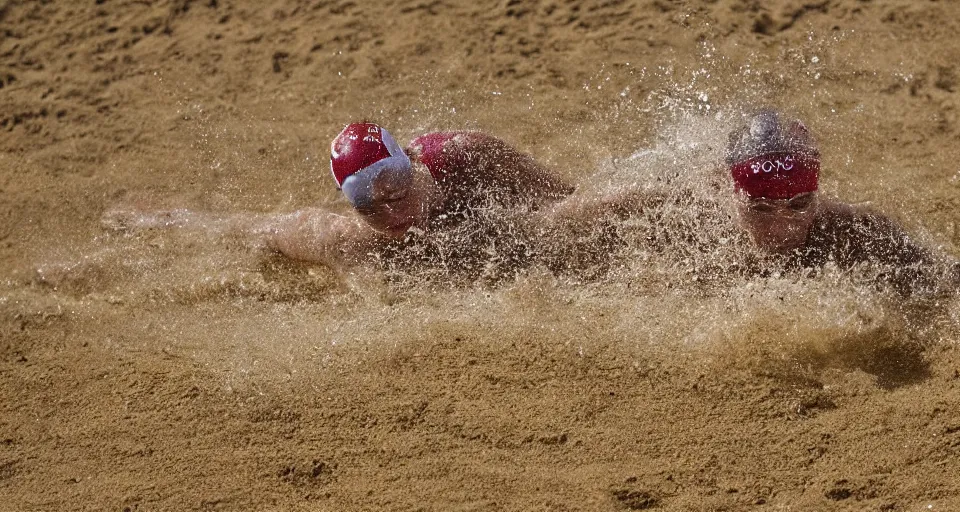 Image similar to olympic swimming in sand instead of water, extremely coherent, motion blur