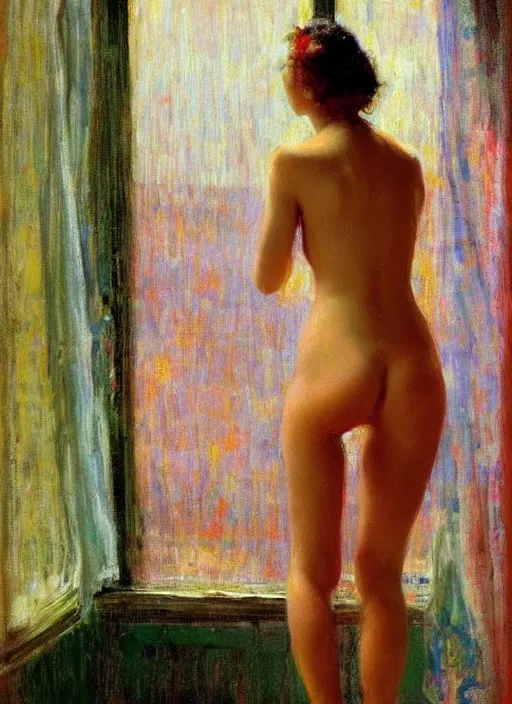 Image similar to A woman looking through a rainy window, raining outside, back view, wide shot, colorful string bikini, modest, 1950s, americana, award-winning, warm colors, by Ilya Repin, deviantart