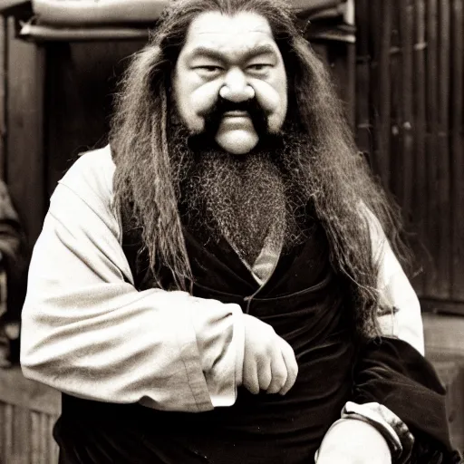 Prompt: Portrait of Hagrid as a 19th century Japanese trader at a Kyoto street market, 1900s photography style