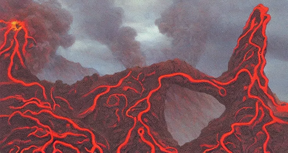 Image similar to a volcano made of ivory vines and crimson rocks enters in eruption, it spits a smoke in the shape of demonic eye, by James Gurney