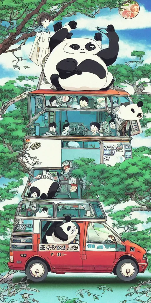 Image similar to a panda bus in japan like totoro, 1990s anime, full color, tarot card the chariot, highly detailed ,