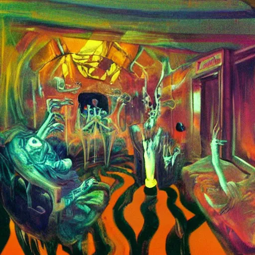 Prompt: lost souls in hell's waiting room by 2 1 st century cyber glitch francis bacon very detailed, colorful, beautiful, eerie, surreal, psychedelic